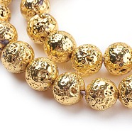 Electroplated Natural Lava Rock Bead Strands, Round, Bumpy, Golden Plated, 12mm, Hole: 1.5mm, about 30pcs/strand, 15.35 inch(39cm)(G-E429-01-12mm-G)