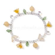Dyed Natural Topaz Jade & Glass Beaded Stretch Bracelet with Flower Charms, Inner Diameter: 2-3/8 inch(6.1cm)(BJEW-JB10176-03)