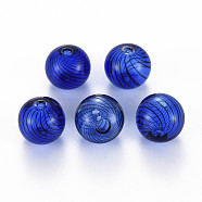 Transparent Handmade Blown Glass Globe Beads, Stripe Pattern, Round, Blue, 12.5~13.5mm, Hole: 1~2mm(GLAA-T012-40C-04)