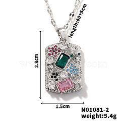 Brass Geometric Colorful Cubic Zirconia Rectangle Pendant Necklaces, Platinum, 15.75 inch(40cm)(ZC3047-2)