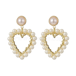 Wrapped Shell Pearl Beaded Dangle Stud Earrings, Heart Brass ABS Plastic Imitation Pearl Earring for Women, Golden, 43mm, Pin: 0.9mm(EJEW-TA00206)