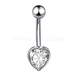 Clear Cubic Zirconia Belly Button Rings, Stainless Steel Piercing Navel Rings, Curved Barbell Body Jewelry for Women, Stainless Steel Color, Heart, 8~13mm, Bar: 10x1.5mm(WG9960A-12)