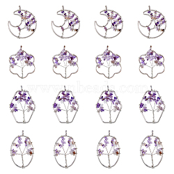 8Pcs 4 Styles Flower & Moon & Oval & Hexagon Natural Amethyst Copper Wire Wrapped Chip Big Pendants, Tree of Life Charm, with Platinum Tone Iron Findings, 57~59x36~51x8mm, Hole: 6.2mm, 2pcs/style(G-DC0001-26)