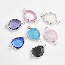Brass Glass Links connectors, Silver Color Plated, teardrop, Faceted, Mixed Color, 22x13x4mm, Hole: 2mm(X-GLAA-J095-S)