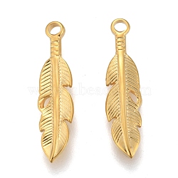 304 Stainless Steel Pendants, Leaf, Golden, 21.5x5x2mm, Hole: 1.4mm(STAS-K213-04B-G)