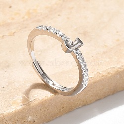 S925 Sterling Silver Adjustable Letter Rings for Women, with Micro Pave Cubic Zirconia, Letter J, 2mm,US Size 5 1/2(16.1mm), Letter: 5x4mm(RJEW-M068-01P-J)