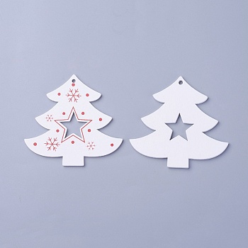 Poplar Wood Pendants, Dyed, Christmas Tree, White, 62x66.5x3mm, Hole: 2.5mm
