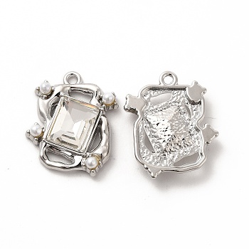 Glass Rectangle Pendants, with ABS Pearl Beaded & Platinum Alloy Finding, Long-Lasting Plated, Cadmium Free & Lead Free, Clear, 21.5x19x5mm, Hole: 1.6mm