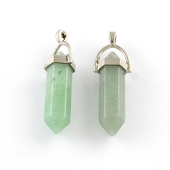 Green Aventurine Stone Pendants with Alloy Findings, Platinum, 40~42x13.5x10mm, Hole: 2mm