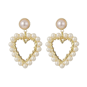 Wrapped Shell Pearl Beaded Dangle Stud Earrings, Heart Brass ABS Plastic Imitation Pearl Earring for Women, Golden, 43mm, Pin: 0.9mm