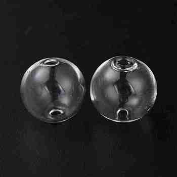 Handmade Two Holes Blown Glass Globe Beads, Round, for DIY Wish Bottle Pendants Glass Beads, Clear, 14mm, Hole: 2mm