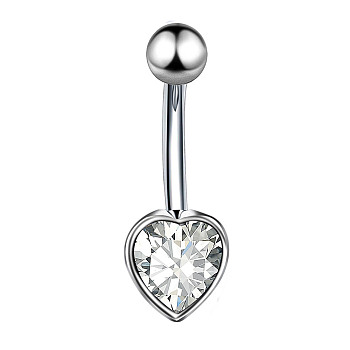 Clear Cubic Zirconia Belly Button Rings, Stainless Steel Piercing Navel Rings, Curved Barbell Body Jewelry for Women, Stainless Steel Color, Heart, 8~13mm, Bar: 10x1.5mm