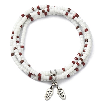 Glass Seed Beaded Multi Loops Warp Bracelets, with Tibetan Style Alloy Charms, White, Inner Diameter: 2 inch(5.2cm)