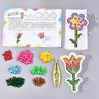 DIY 380Pcs Tube Fuse Beads Kits, with 2Pcs Flower ABC Plastic Pegboards, 2Pcs Ironing Paper, 1Pc Plastic Beading Tweezers, Tulip Flower Pattern, Mixed Color, 5x5mm, Hole: 3mm