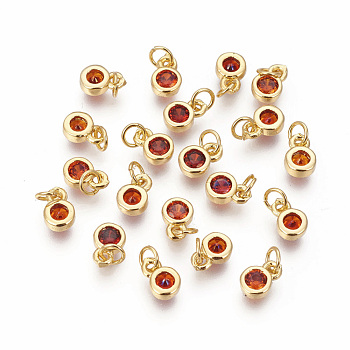 Brass with Single Cubic Zirconia Charms, Single Stone Charms, Flat Round, Golden, Orange, 6.5x4.5x2mm, Hole: 2.5~3mm