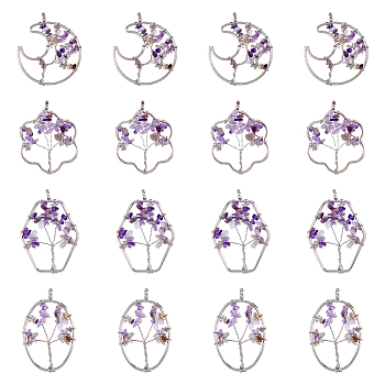 8Pcs 4 Styles Flower & Moon & Oval & Hexagon Natural Amethyst Copper Wire Wrapped Chip Big Pendants, Tree of Life Charm, with Platinum Tone Iron Findings, 57~59x36~51x8mm, Hole: 6.2mm, 2pcs/style