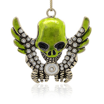 Antique Silver Plated Alloy Enamel Big Pendants, Skull with Wing, Yellow Green, 66x62x9mm, Hole: 4.5mm