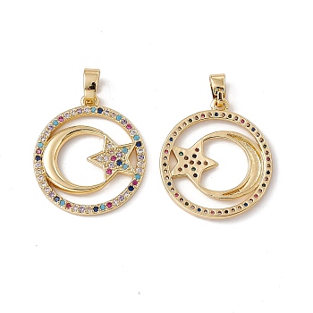 Brass Micro Pave Cubic Zirconia Pendant, with Glass, Real 18K Gold Plated, Flat Round with Moon Star Charm, Colorful, 23x20.5x2.5mm, Hole: 4.5x3mm