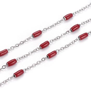 304 Stainless Steel Cable Chains, with Enamel Oval Beads, Soldered, with Spool, Flat Oval, Stainless Steel Color, Red, 5x2.5mm, Link: 2x1.6x0.3mm, about 32.8 Feet(10m)/roll