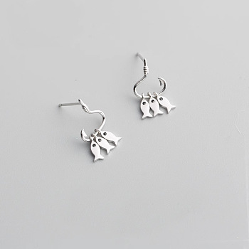Brass Dangle Stud Earrings, Fishhook with Fish, Platinum, 18mm