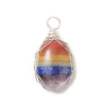 Chakra Natural Mixed Gemstone Copper Wire Wrapped Pendants, Oval Charms, Silver, 26x14.5x6mm, Hole: 2.5~3mm