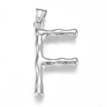 304 Stainless Steel Pendants, Bamboo Shaped Letter, Stainless Steel Color, Letter.F, 47x24.5x5mm, Hole: 5x8mm