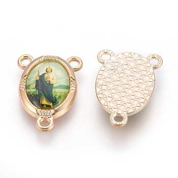 Alloy Chandelier Component Links, 3 Loop Connectors, For Easter, with Glass, Oval with Jesus, Colorful, Golden, 20x14.5x3mm, Hole: 1.8mm