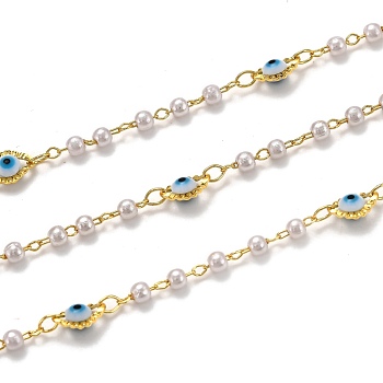 3.28 Feet Handmade Brass Chains, with Acrylic Imitation Pearl, Lampwork, Long-Lasting Plated, Soldered, Evil Eye, Golden, White, Link: 2.6x1.8x0.3mm