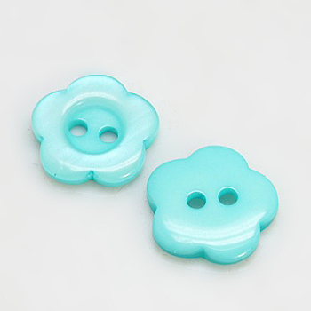 Resin Buttons, Dyed, Flower, Cyan, 15x3mm, Hole: 1mm