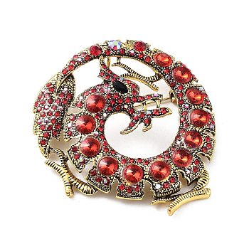 Dragon Rhinestone Brooch Pins, Alloy Badge for Unisex, Antique Golden, Red, 63x56.5x15mm