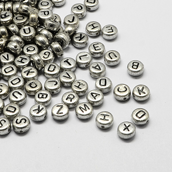 Plated Acrylic Horizontal Hole Letter Beads, Flat Round, Random Mixed Letters, 7x4mm, Hole: 1.3mm, about 360pcs/50g