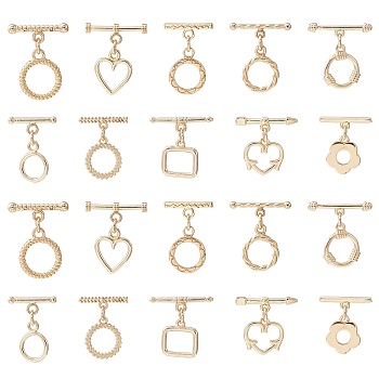 10Pcs 10 Styles Rack Plating Brass Toggle Clasps, Cadmium Free & Lead Free, Long-Lasting Plated, Mixed Shapes, Golden, 13~15.5x5.5~12x1.2mm, Hole: 1.8mm, 1pc/style