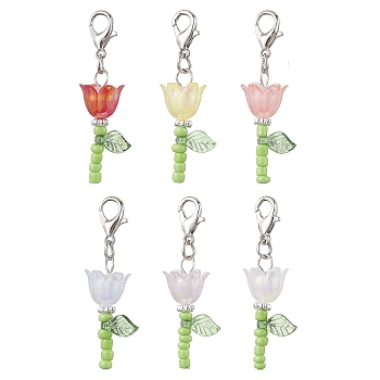 Lily Glass & Acrylic Pendant Decorations, Lobster Clasps Charms for Bag Ornaments, Mixed Color, 40mm, 6pcs/set