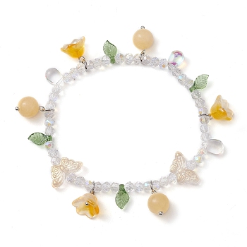 Dyed Natural Topaz Jade & Glass Beaded Stretch Bracelet with Flower Charms, Inner Diameter: 2-3/8 inch(6.1cm)