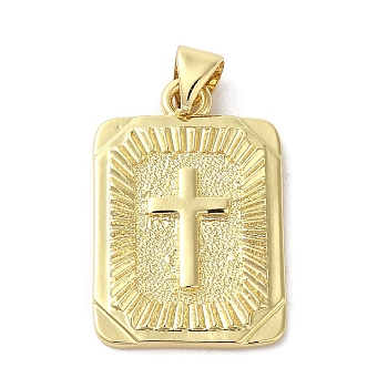 Rack Plating Brass Pendants, Long-Lasting Plated, Cadmium Free & Lead Free, Rectangle with Cross, Real 18K Gold Plated, 24x15.5x2mm, Hole: 4x3mm