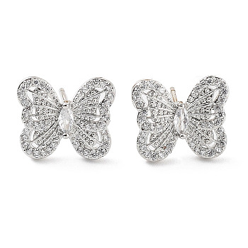 Butterfly Rack Plating Brass Micro Pave Clear Cubic Zirconia Stud Earrings for Women, Long-Lasting Plated, Lead Free & Cadmium Free, Platinum, 11.5x13.5mm