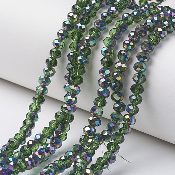 Electroplate Transparent Glass Beads Strands, Half Multi-color Plated, Faceted, Rondelle, Olive Drab, 4x3mm, Hole: 0.4mm, about 145pcs/strand, 18.9 inch(48cm)