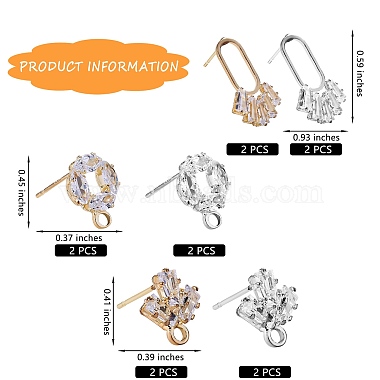 12Pcs 3 Style Brass Micro Pave Clear Cubic Zirconia Stud Earring Findings(ZIRC-SZ0002-26)-2