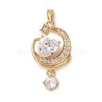 Brass Micro Pave Cubic Zirconia Pendants, Moon & Heart Charms, Golden, Clear, 29x16x4.5mm, Hole: 5x2mm(KK-F939-10G-01)