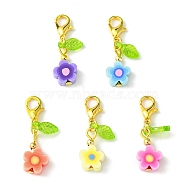 Flower Handmade Polymer Clay Pendant Decorations, Leaf Transparent Acrylic and Alloy Lobster Claw Clasps Charm, Golden, 29mm(HJEW-JM01544-01)