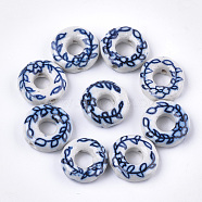 Handmade Porcelain Bead Frame Beads, Blue and White Porcelain, Donut with Leaf, Marine Blue, 19x6.5mm, Hole: 1.6mm(X-PORC-S498-59)