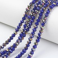 Electroplate Opaque Glass Beads Strands, Half Rose Gold Plated, Faceted, Rondelle, Blue, 4x3mm, Hole: 0.4mm, about 123~127pcs/strand, 16.5~16.9 inch(42~43cm)(EGLA-A034-P4mm-R04)