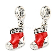Rack Plating Alloy Enamel European Dangle Charms, Christmas Stocking Large Hole Pendant with Crystal Rhinestone, Lead Free & Cadmium Free, Long-Lasting Plated, Antique Silver, Red, 29mm, Stocking: 18.5x11x4mm, Hole: 4.8mm(KK-D038-06AS-1)