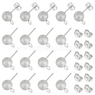 50Pcs 304 Stainless Steel Stud Earring Findings, Ball Stud Earring Finding Post with Ear Nuts and Horizontal Loops, Textured, Round, Stainless Steel Color, 12x8mm, Hole: 2.7mm, Pin: 0.7mm(STAS-UN0044-57)