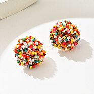 Plastic Bead Cluster Stud Earrings, Real 18K Gold Plated Brass Jewelry for Women, Half Round, Colorful, 30mm(GI1626-1)