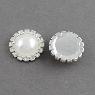 Shining Flatback Half Round Brass ABS Plastic Imitation Pearl Cabochons, with Grade A Crystal Rhinestones, Silver Color Plated Metal Color, White, 18x6.5mm(RB-S020-07-A11)