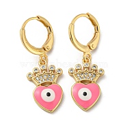 Real 18K Gold Plated Brass Dangle Leverback Earrings, with Enamel and Cubic Zirconia, Heart with Evil Eye, Hot Pink, 30x11mm(EJEW-A033-08G-03)