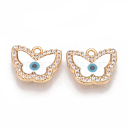 Brass Micro Pave Cubic Zirconia Charms, with Shell, Butterfly with Evil Eye, Nickel Free, Real 18K Gold Plated, 11x13x2mm, Hole: 1.5mm(KK-T025-23G)