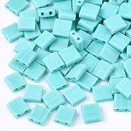 2-Hole Opaque Glass Seed Beads, Frosted, Rectangle, Medium Turquoise, 5x4.5~5.5x2~2.5mm, Hole: 0.5~0.8mm(SEED-S023-09H)