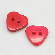 Resin Buttons, Dyed, Heart, Red, 15x15x3mm, Hole: 2mm(RESI-D032-15x15mm-03)